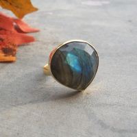 Natural Labradorite Ring, Gold Labradorite ring, Blue heart ring