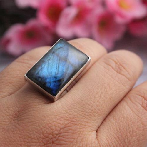 Natural Labradorite Ring - Rectangle ring - Silver Labradorite ring