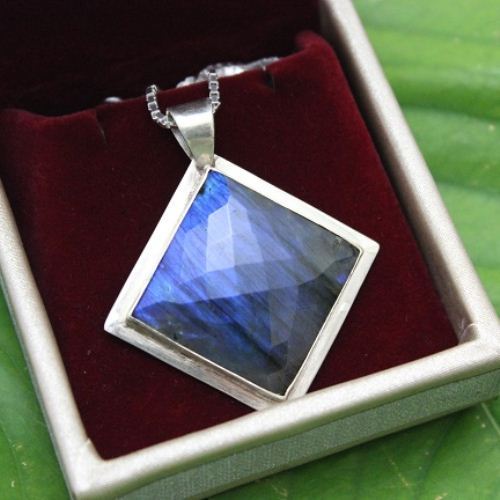 Natural Labradorite pendant, Silver pendant, Square gemstone pendant