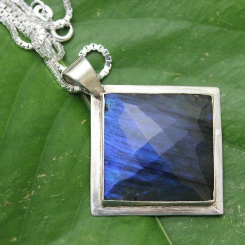 Natural Labradorite pendant, Silver pendant, Square gemstone pendant
