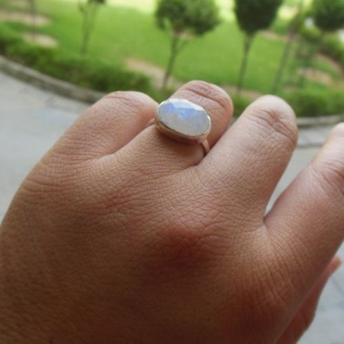 Natural Moonstone Ring, Rainbow MoonStone silver ring, Faceted ring
