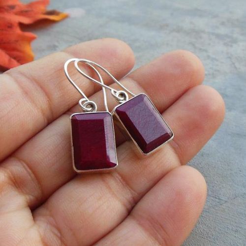 Natural Ruby earrings, Rectagular earrings, Silver earrings, July stone