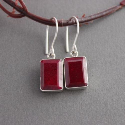 Natural Ruby earrings, Rectagular earrings, Silver earrings, July stone
