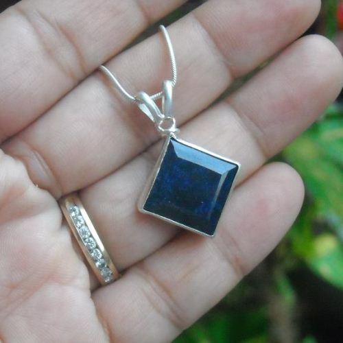Natural blue sapphire necklace pendant - Sterling silver - Handmade