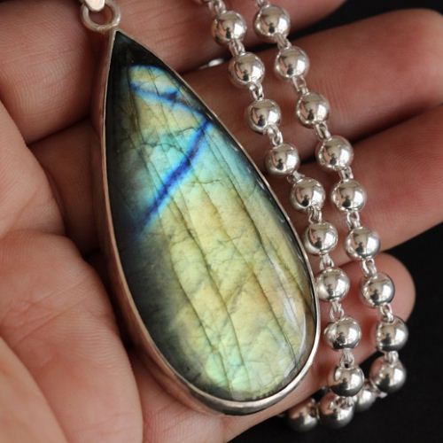 Natural labradorite pendant necklace, Blue flash stone silver  pendant