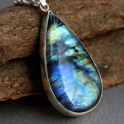 Natural labradorite pendant necklace, Statement silver pendant chain