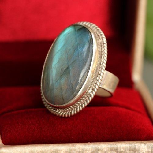 Natural labradorite ring, Cabochon ring, Blue oval silver ring
