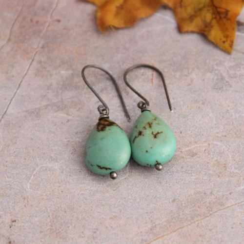 Natural turquoise hook earrings - oxidized silver dangle earrings