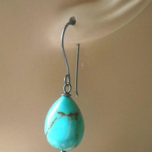 Natural turquoise hook earrings - oxidized silver dangle earrings
