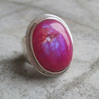 OOAK artisan pink rainbow moonstone silver Ring, Cabochon ring