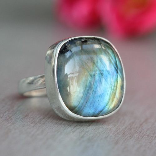 OOAK Labradorite Ring, Square cushion cut silver ring