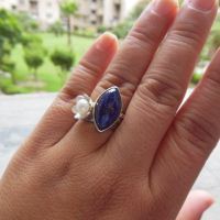 OOAK Lapis lazuli Ring, Pearl silver stack 3 rings