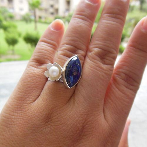 OOAK Lapis lazuli Ring - Pearl silver stack 3 rings