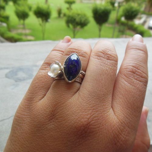 OOAK Lapis lazuli Ring - Pearl silver stack 3 rings