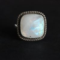 OOAK Rainbow Moonstone silver ring, Square gemstone, Gift for her