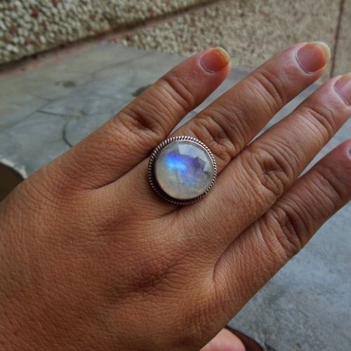 OOAK Rainbow moonstone ring, Statement silver round ring