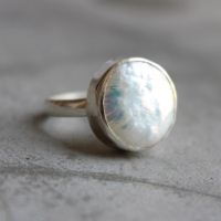 OOAK Silver Pearl ring, Artisan ring, Coin pearl birthstone ring