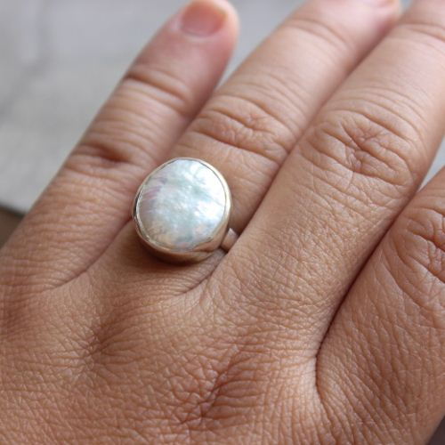 OOAK Silver Pearl ring, Artisan ring, Coin pearl birthstone ring