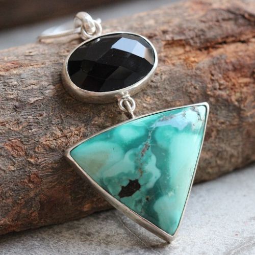 OOAK Turquoise pendant, Silver pendant, Turquoise black onyx pendant 