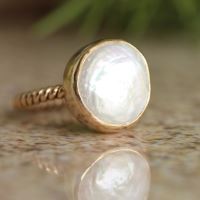 Coin pearl ring, 18k gold pearl ring, Gold wedding rings for women