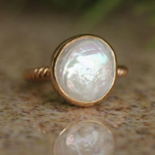Coin pearl ring, 18k gold pearl ring, Gold wedding rings for women
