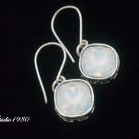 Opal Earring,Cushion cut earrings, white opal Jewelry, milky opal,Swarovski crystal, sterling silver Earrings, Bridal jewelry