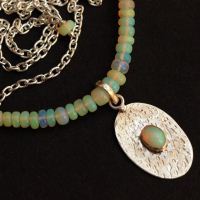 Opal Necklace, Hammered Natural Opal silver artisan pendant