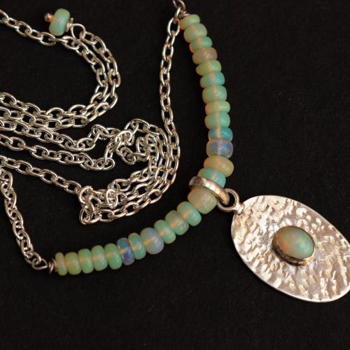 Opal Necklace, Hammered Natural Opal silver artisan pendant