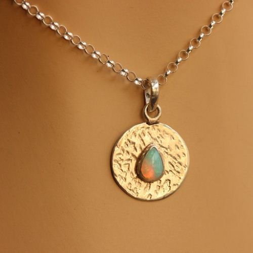 Opal pendant, Hammered Natural Opal silver pendant, Artisan jewelry