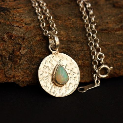 Opal pendant, Hammered Natural Opal silver pendant, Artisan jewelry