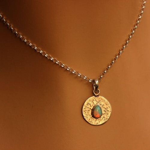 Opal pendant, Hammered Natural Opal silver pendant, Artisan jewelry
