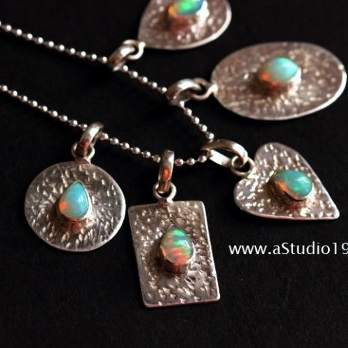 Opal pendant, Hammered Natural Opal silver pendant, Artisan jewelry