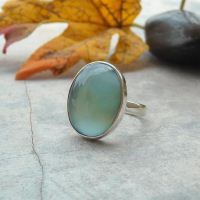 Oval blue chalcedony ring, Handmade silver cabochon ring