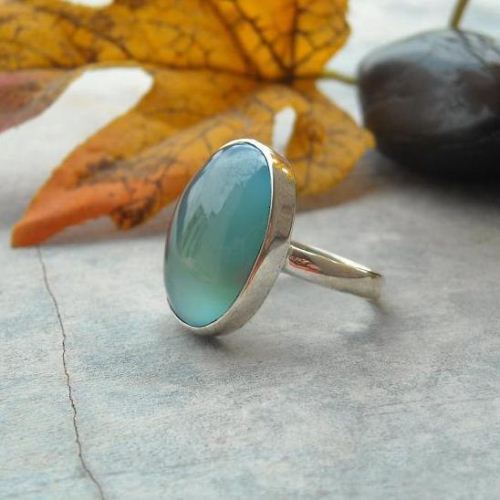 Oval blue chalcedony ring, Handmade silver cabochon ring