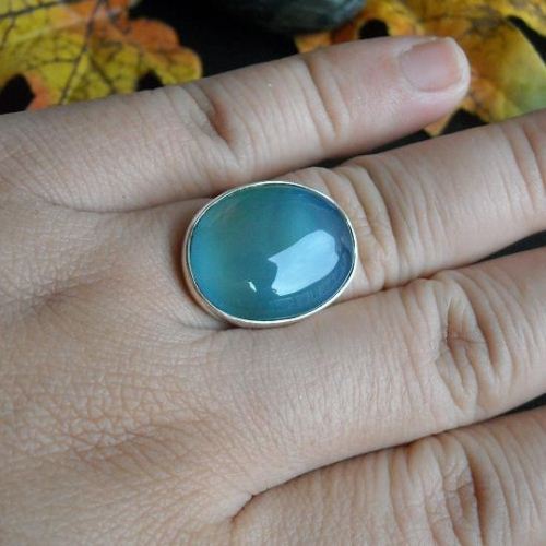 Oval blue chalcedony ring, Handmade silver cabochon ring