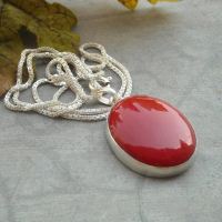 Oval red coral pendant chain jewelry, 925 sterling silver necklace