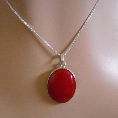 Oval red coral pendant chain jewelry - 925 sterling silver necklace