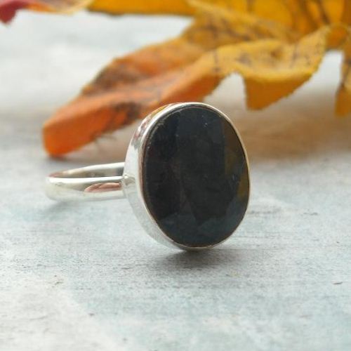 Oval ring, Faceted blue sapphire handmade sterling silver ring