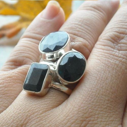 Oval ring, Faceted blue sapphire handmade sterling silver ring