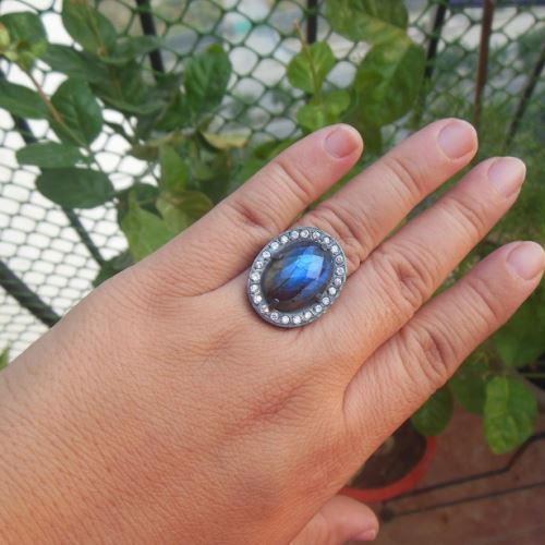 Oxidized Labradorite ring - Artisan cz studded silver statement ring