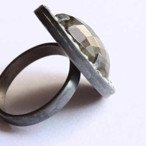 Oxidized Labradorite ring - Artisan cz studded silver statement ring