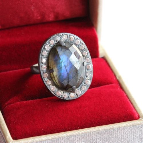 Oxidized Labradorite ring - Artisan cz studded silver statement ring