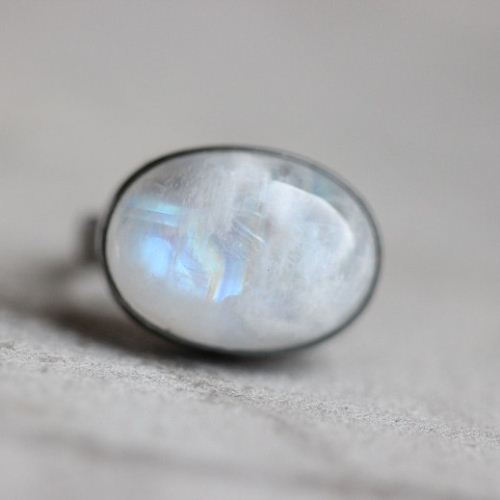Oxidized OOAK Natural Moonstone Ring, Oval artisan silver ring