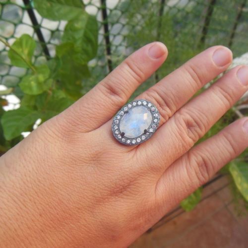 Oxidized OOAK Natural Moonstone Ring, Oval artisan silver ring
