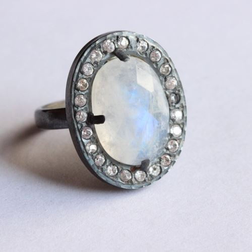 Oxidized OOAK Natural Moonstone Ring, Oval artisan silver ring