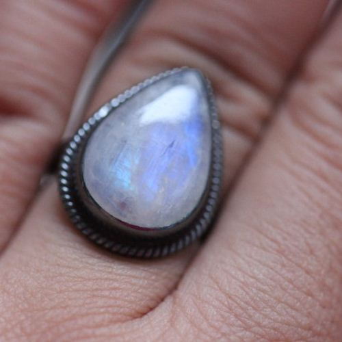 Oxidized Rainbow Moonstone Ring, Ethnic statement artisan silver ring