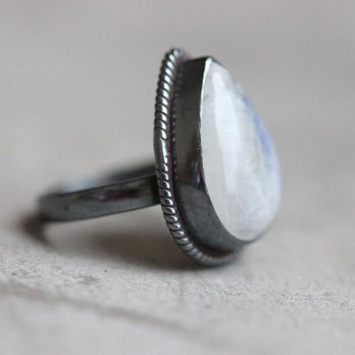 Oxidized Rainbow Moonstone Ring, Ethnic statement artisan silver ring