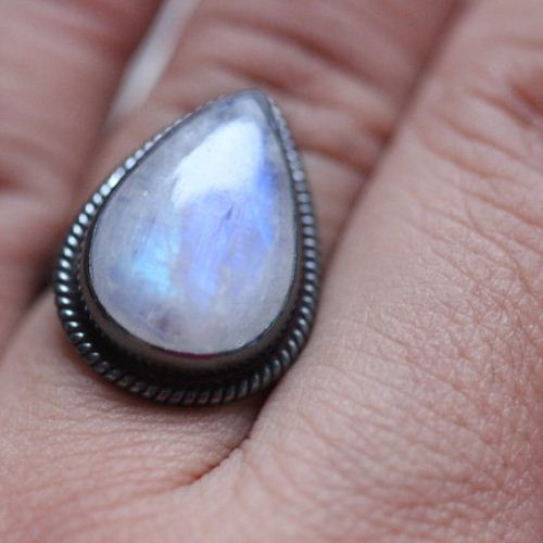 Oxidized Rainbow Moonstone Ring, Ethnic statement artisan silver ring