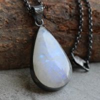 Oxidized Rainbow Moonstone pendant necklace, Tear drop silver pendant