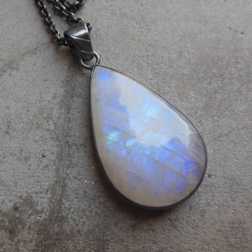 Oxidized Rainbow Moonstone pendant necklace - Tear drop silver pendant